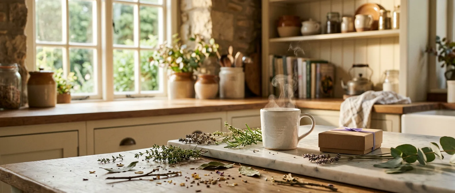 Morning kitchen scene with coffee and botanical wellness supplement