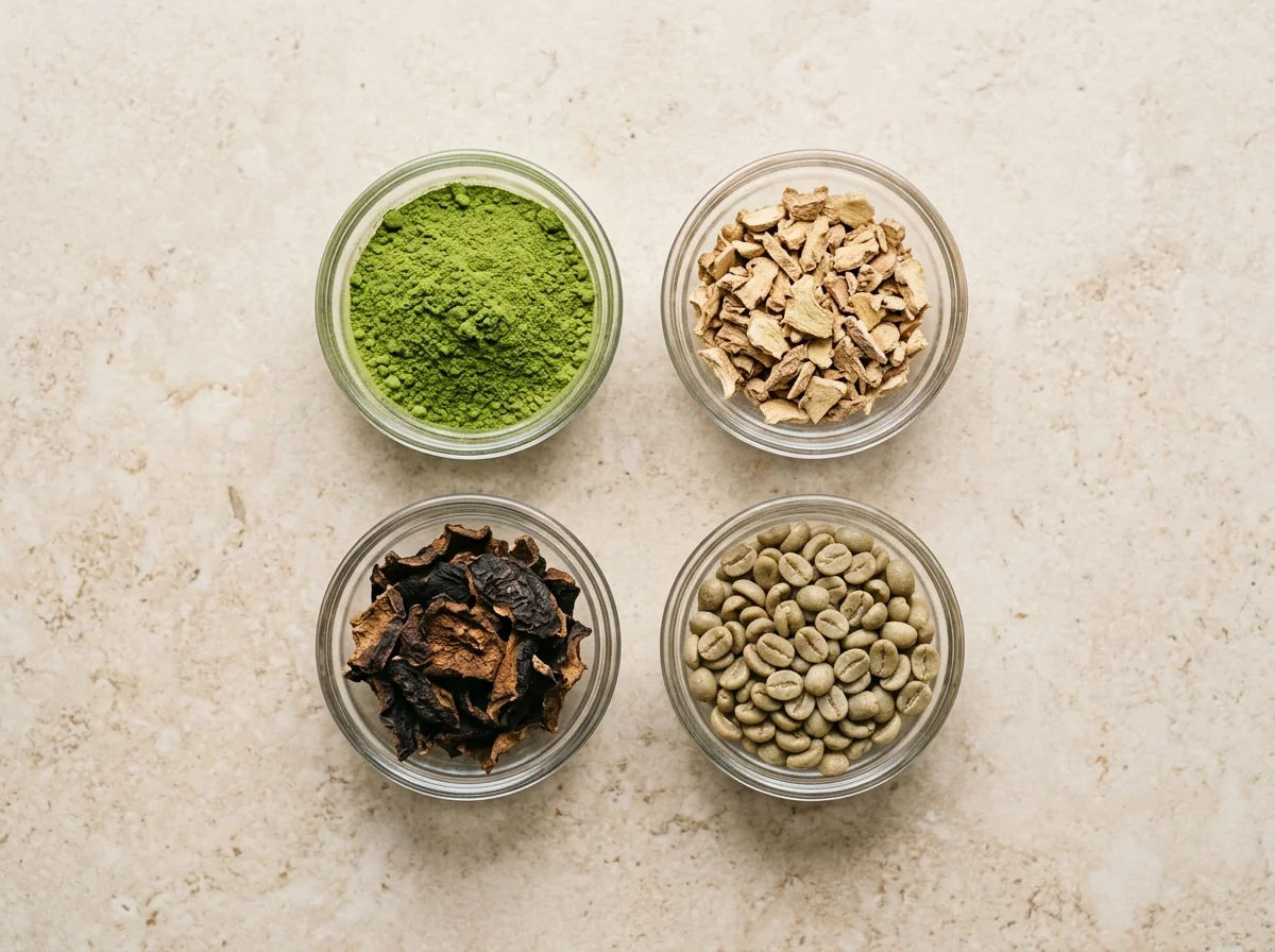 Four botanical ingredient bowls including matcha powder, dried ginger root, garcinia cambogia and green coffee beans