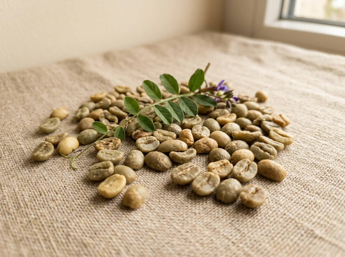 Green coffee beans flat-lay - green coffee extract benefits for metabolism support