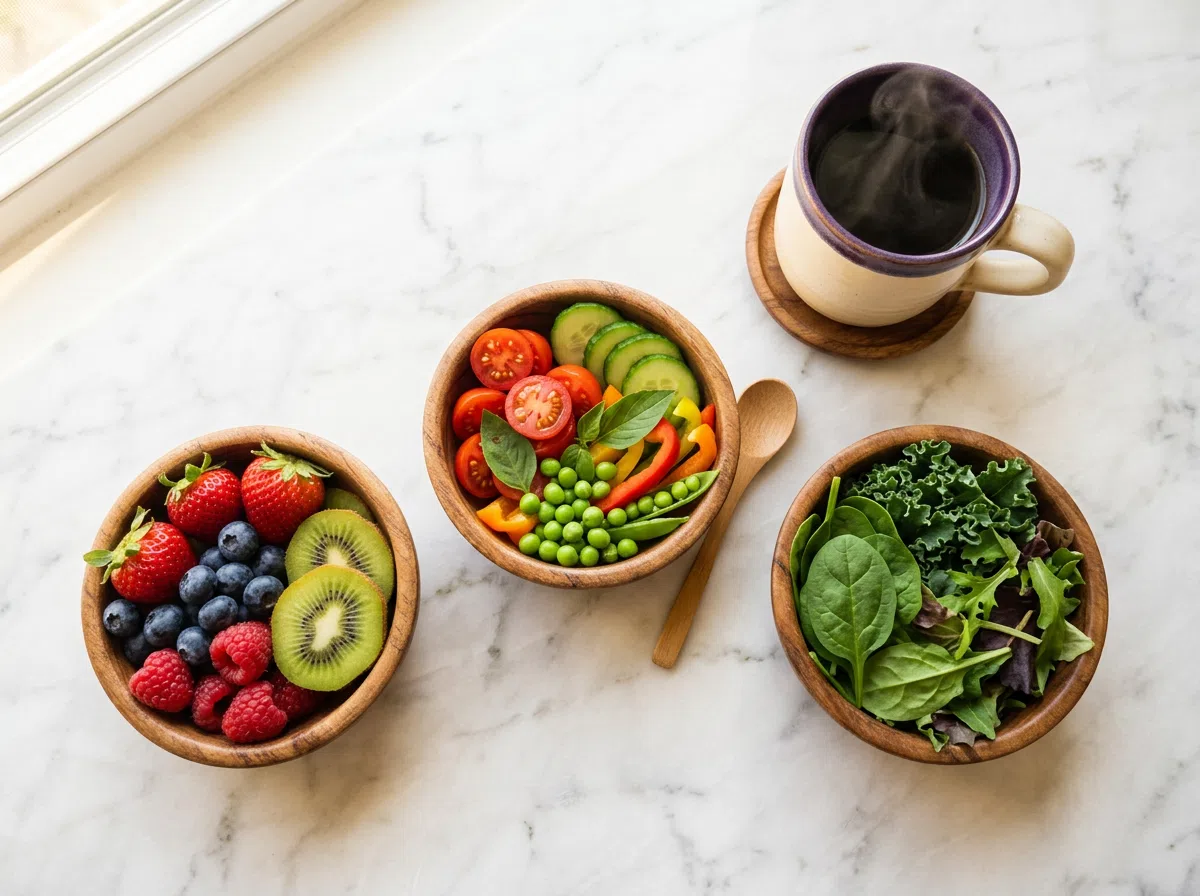 Overhead flat-lay of fresh fruits, vegetables and a steaming coffee mug - food supplement for active lifestyle Australia