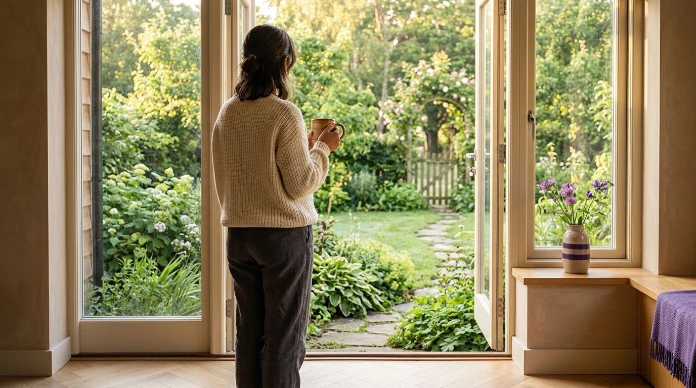 Person looking out a morning window holding a warm coffee mug, representing an active daily wellness routine